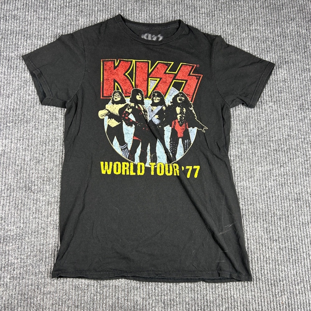 KISS Shirt Men's S World Tour 77 Graphic Black Rock Band Tee 2021 Reprint